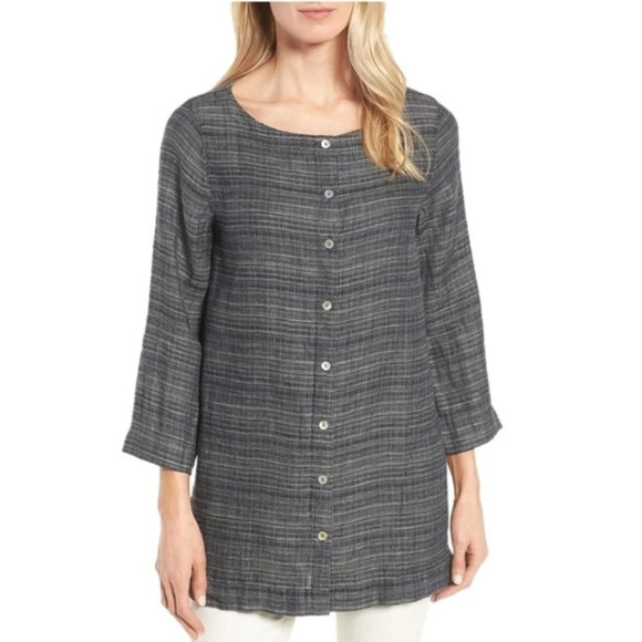 Eileen Fisher Coastline Linen Stripe Shirt  - Picture 1 of 11